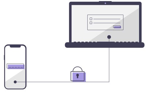 Illustration depicting a laptop and a mobile communicating securely with a padlock overlaying a line connecting the two devices.